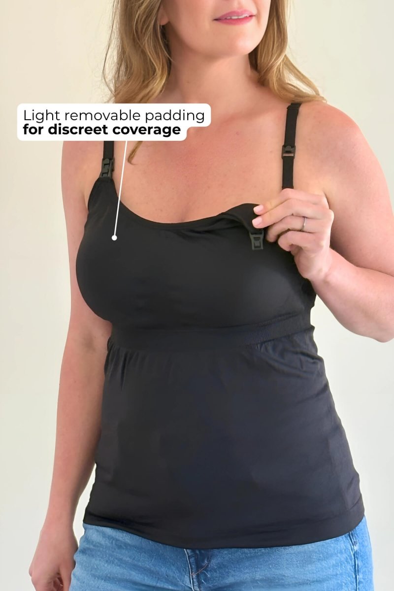 SuperMom® Silhouette Nursing & Pumping Seamless Tank - Simple Wishes - color midnight - Infographic highlighting light removable padding in the built-in pump support shelf bra.