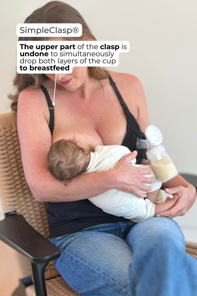 SuperMom® Silhouette Nursing & Pumping Seamless Tank - Simple Wishes - color midnight - inforgraphic showing a lifestyle image highlighting the ease of dropping both cup layers of the built in bra to breastfeed by undoing the one single upper part of the SimpleClasp.