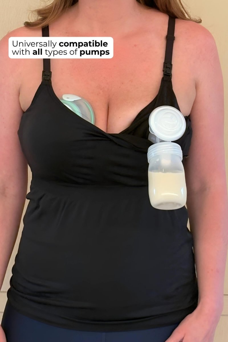SuperMom® Silhouette Nursing & Pumping Seamless Tank - Simple Wishes - color midnight - infographic highlighting the tank supports both traditional flange/bottle breast pumps and in bra wearable breast pumps.