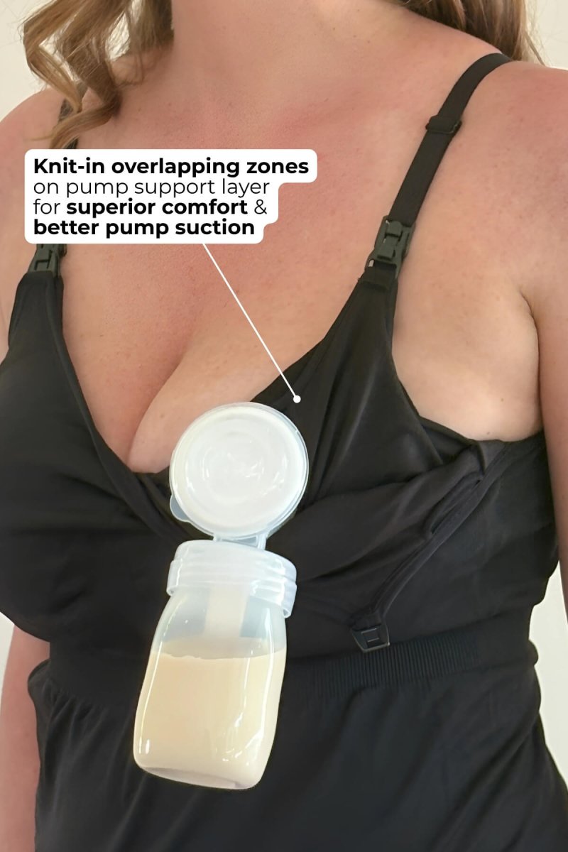 SuperMom® Silhouette Nursing & Pumping Seamless Tank - Simple Wishes - color midnight - infographic showing  close up of the pump support layer that highlights the overlapping knit in zones that create superior support for the pump that other bras on the market.