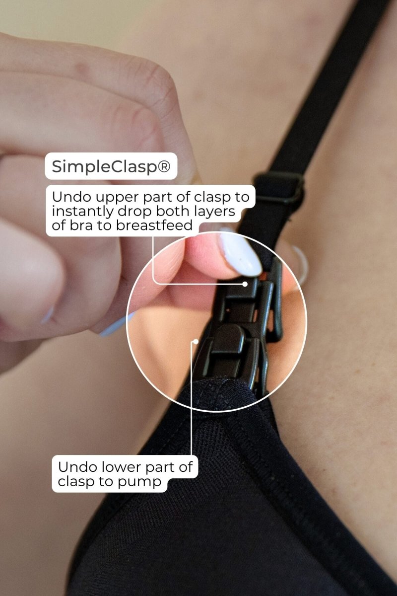 SuperMom® Silhouette Nursing & Pumping Seamless Tank - Simple Wishes - color midnight - inforgraphic featuring close up detail of patented SimpleClasp. Showing how undoing the upper part of clasp will fully drop both layers of the cup area of the tank for breastfeeding while undoing the lower part of the clasp will open the cup to reveal the pump support layer.