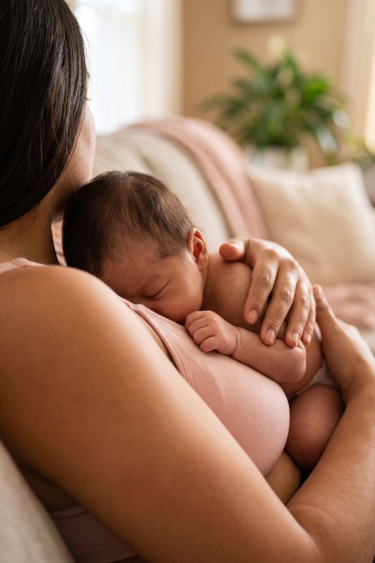 A close-up lifestyle shot of a woman wearing a simple wishes supermom silhouette nursing bra and hands free pumping bra in ballet slipper pink while holding and breastfeeding a sleeping newborn baby in a softly lit home setting.