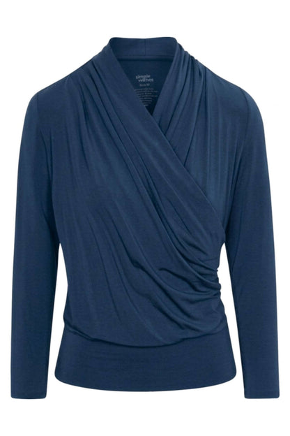A navy blue long-sleeve draped wrap top with a crossover V-neckline, shown on a plain white background.