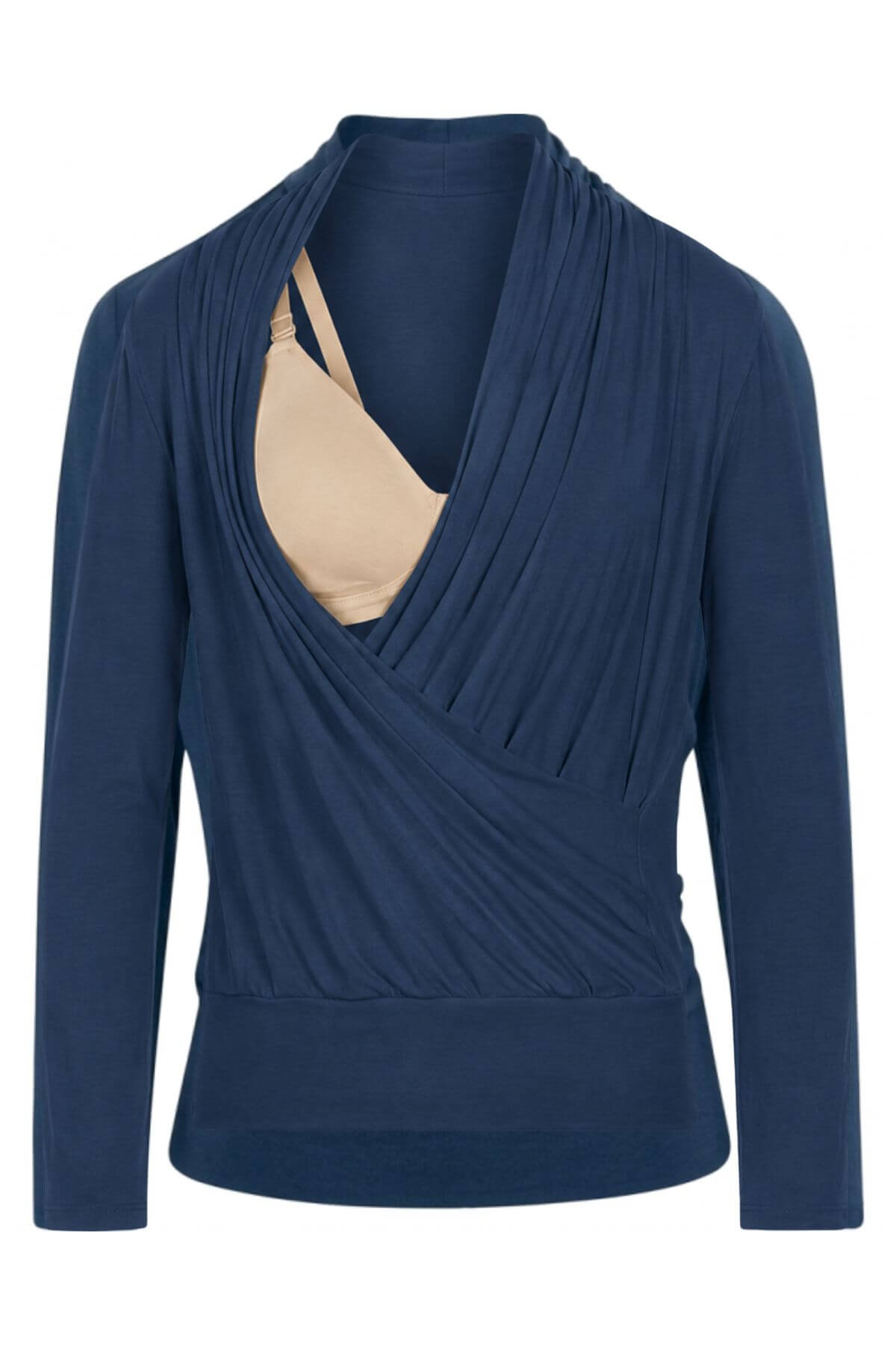 A navy blue long-sleeve wrap-style top with a draped neckline, shown on a white background with a beige bra underneath.