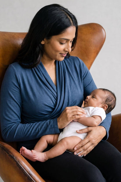 A woman wearing a slate blue long-sleeve wrap top sits in a brown leather armchair, holding a baby dressed in a white onesie.