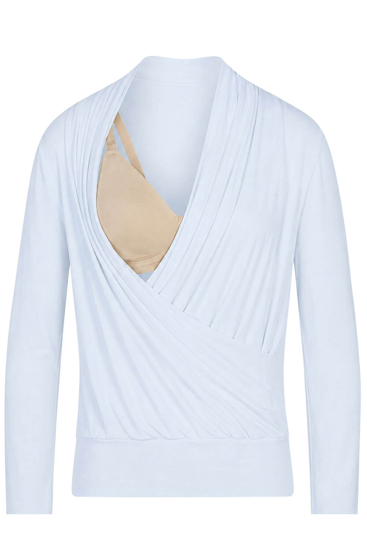 A light blue long-sleeve wrap-style top displayed on a mannequin torso, with a beige bra visible underneath at the neckline.