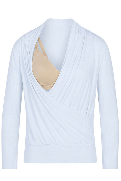 A light blue long-sleeve wrap-style top displayed on a mannequin torso, with a beige bra visible underneath at the neckline.