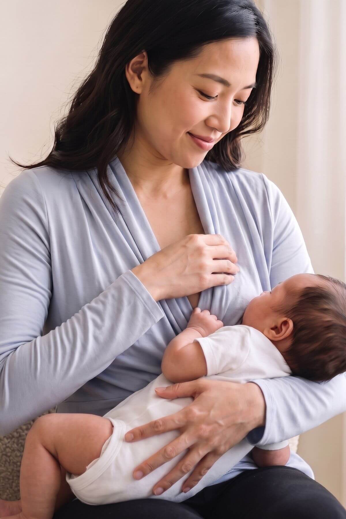 A woman in a light gray long-sleeve nursing top holds and breastfeeds a newborn baby wearing a white onesie in a softly lit indoor setting.