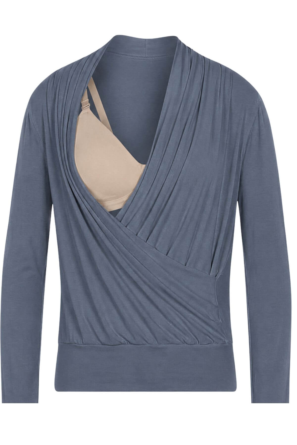 A slate blue long-sleeve wrap top styled over a beige bralette, presented on a clean white background.