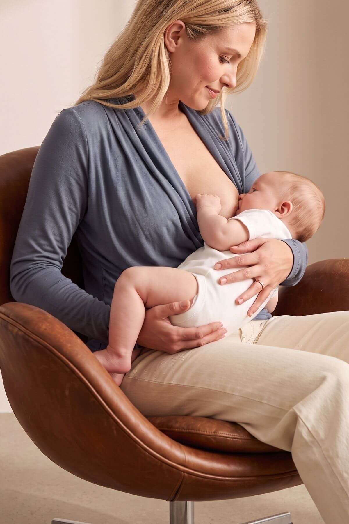 A woman in a blue long-sleeve top and beige pants sits in a brown leather chair, breastfeeding a baby dressed in a white onesie. The background is a soft beige wall.