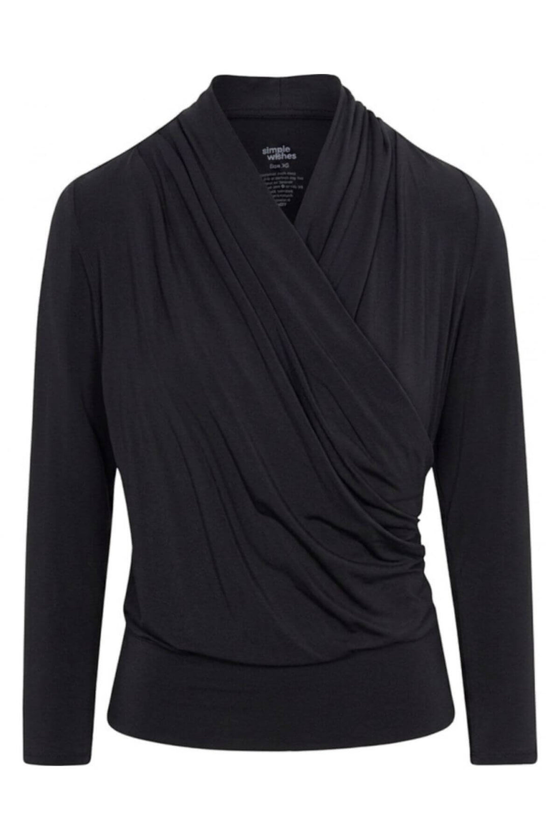 A black long-sleeve wrap top with a draped, asymmetrical neckline, shown on a plain white background.
