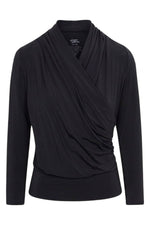 A black long-sleeve wrap top with a draped, asymmetrical neckline, shown on a plain white background.#color_midnight