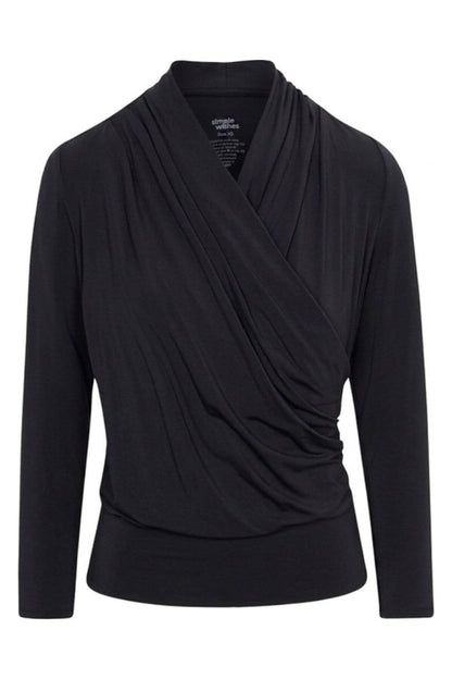 A black long-sleeve wrap top with a draped, asymmetrical neckline, shown on a plain white background.
