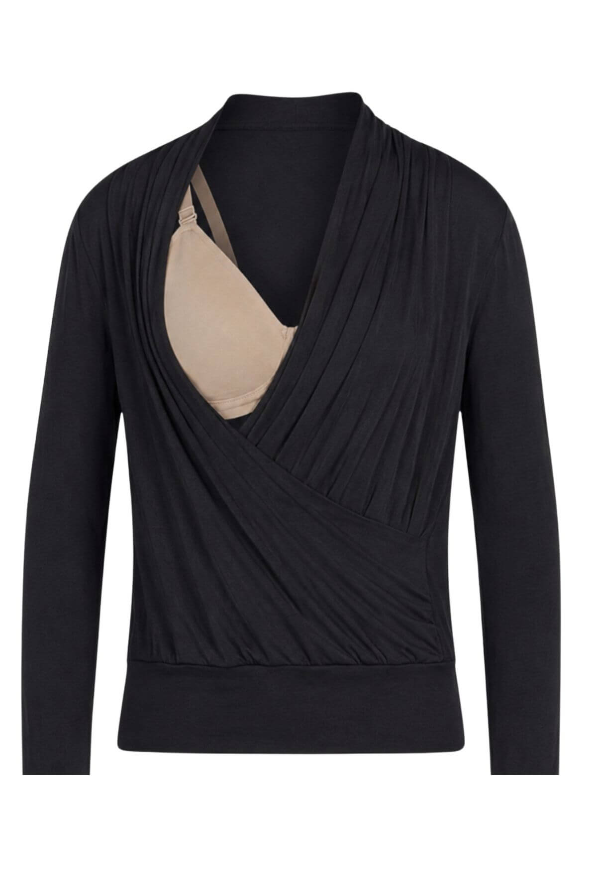 A black long-sleeve draped wrap top styled with a beige underwire bra visible at the neckline, shown against a plain white background.