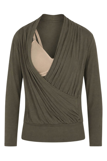 An olive green long-sleeve wrap top styled over a beige bralette, shown against a plain white background.