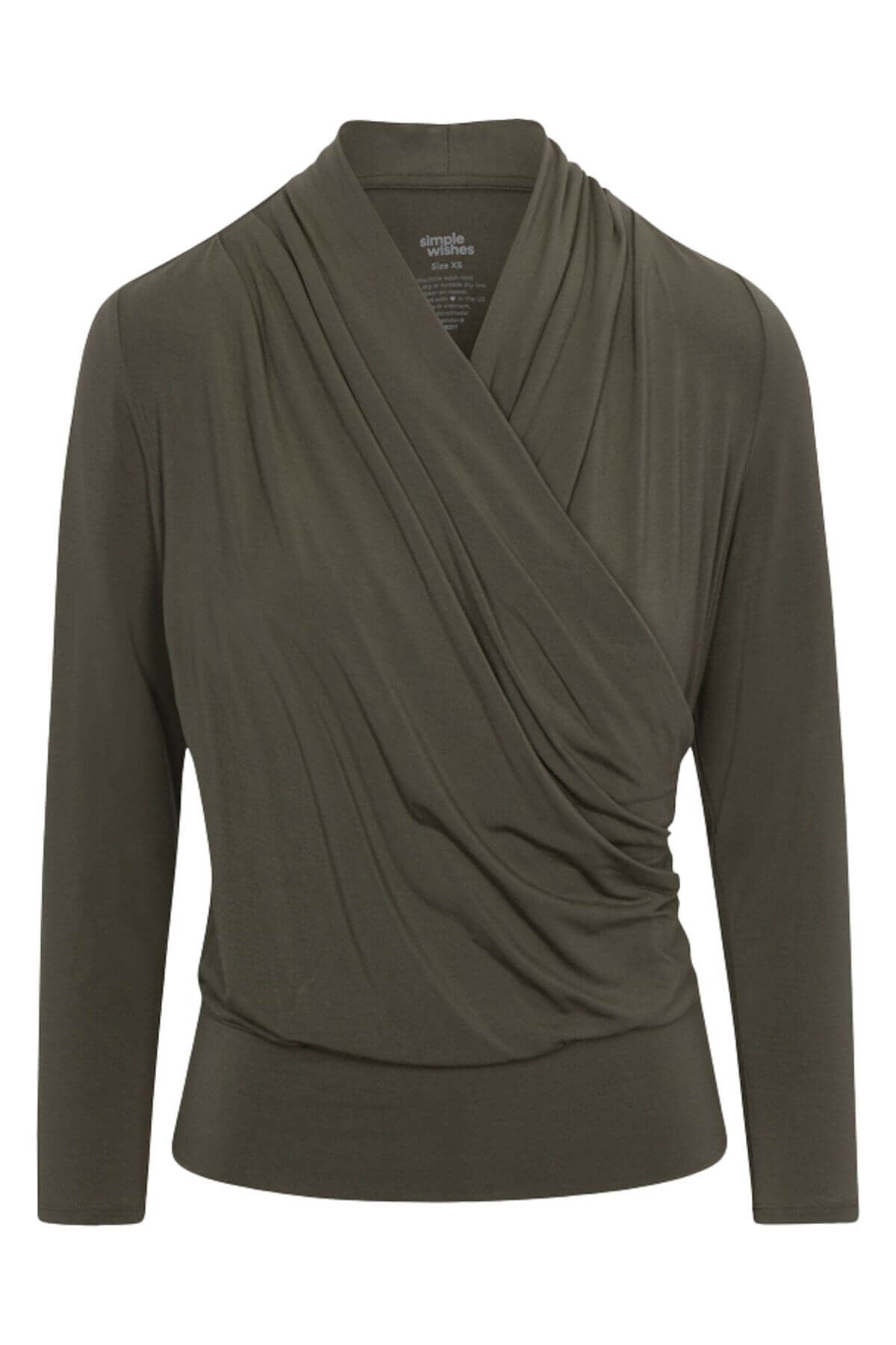 An olive green long-sleeve wrap top with a draped, cowl-like neckline, shown on a plain white background.