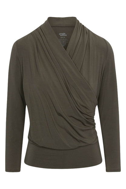 An olive green long-sleeve wrap top with a draped, cowl-like neckline, shown on a plain white background.
