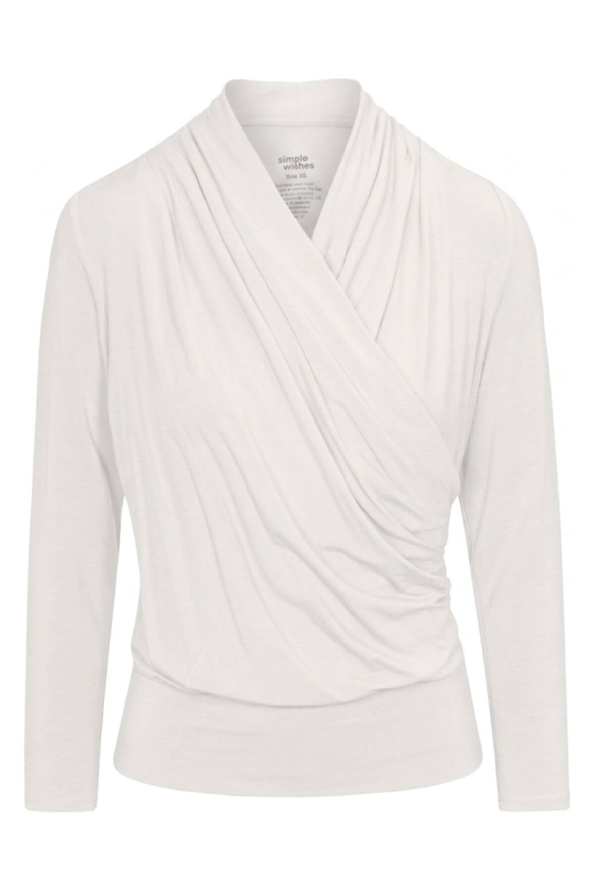 An off-white long-sleeve wrap top with a draped, cowl-like neckline, shown on a plain white background.