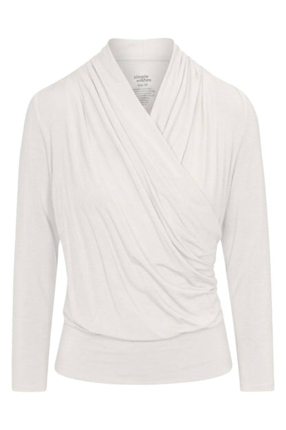 An off-white long-sleeve wrap top with a draped, cowl-like neckline, shown on a plain white background.