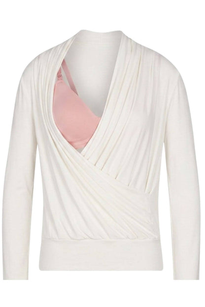 An off-white long-sleeve wrap cardigan styled over a light pink bralette, displayed on a ghost mannequin against a plain white background.