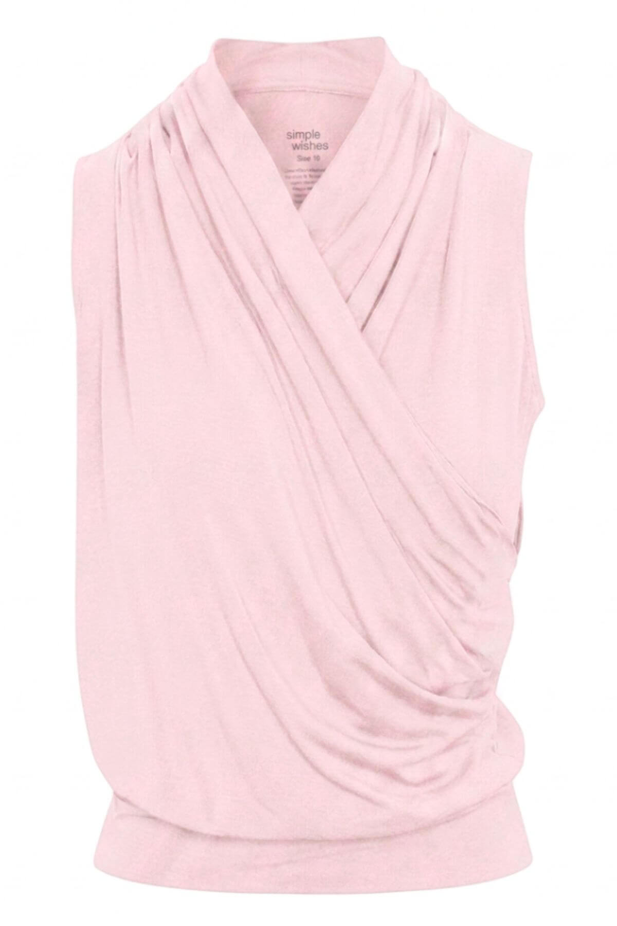 A light pink sleeveless draped wrap top with a V-neckline, shown against a plain white background..