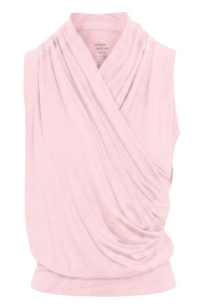A light pink sleeveless draped wrap top with a V-neckline, shown against a plain white background..