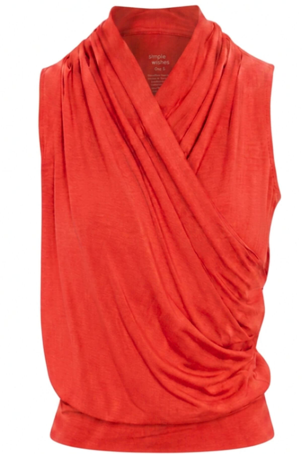A sleeveless draped wrap-style top in a vibrant orange-red color, shown against a plain white background.