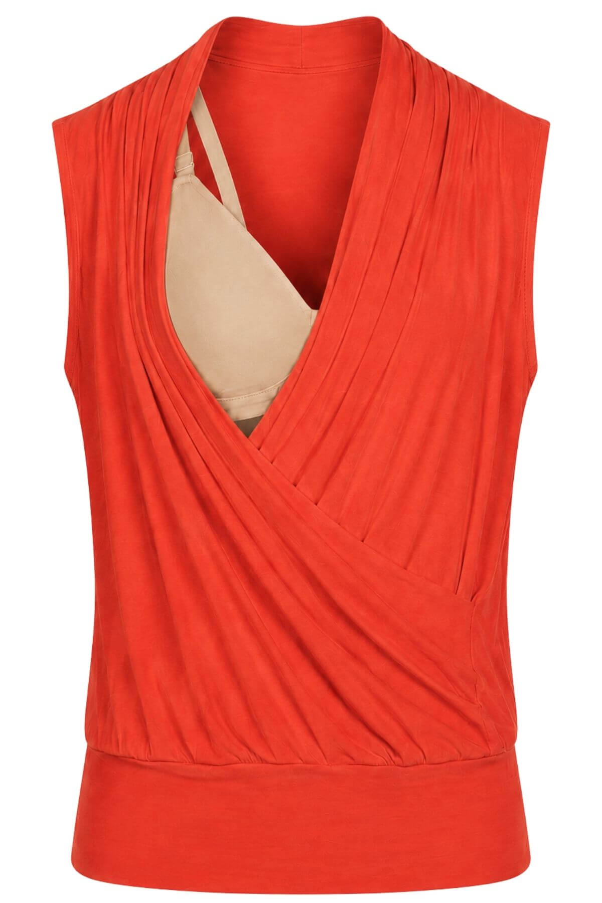 A sleeveless wrap-style top in a bright coral-red color, shown on a white background with a beige bra underneath.