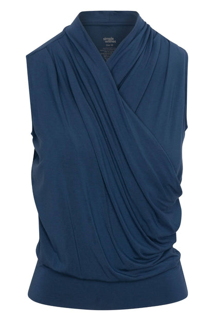 A sleeveless draped wrap top in a deep navy blue color, shown against a plain white background..
