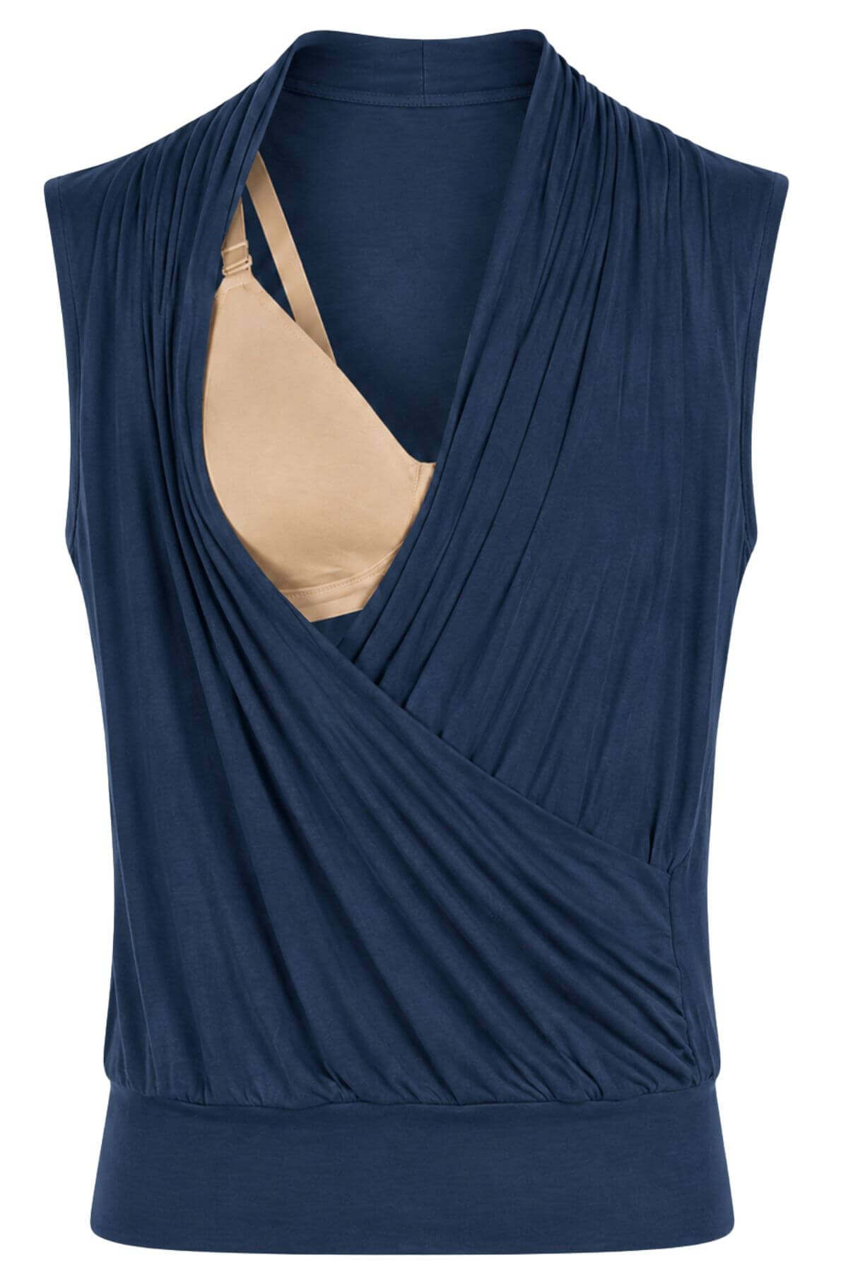 A sleeveless navy blue draped wrap-style top displayed on a mannequin torso, layered over a beige underwire bra, against a plain white background..