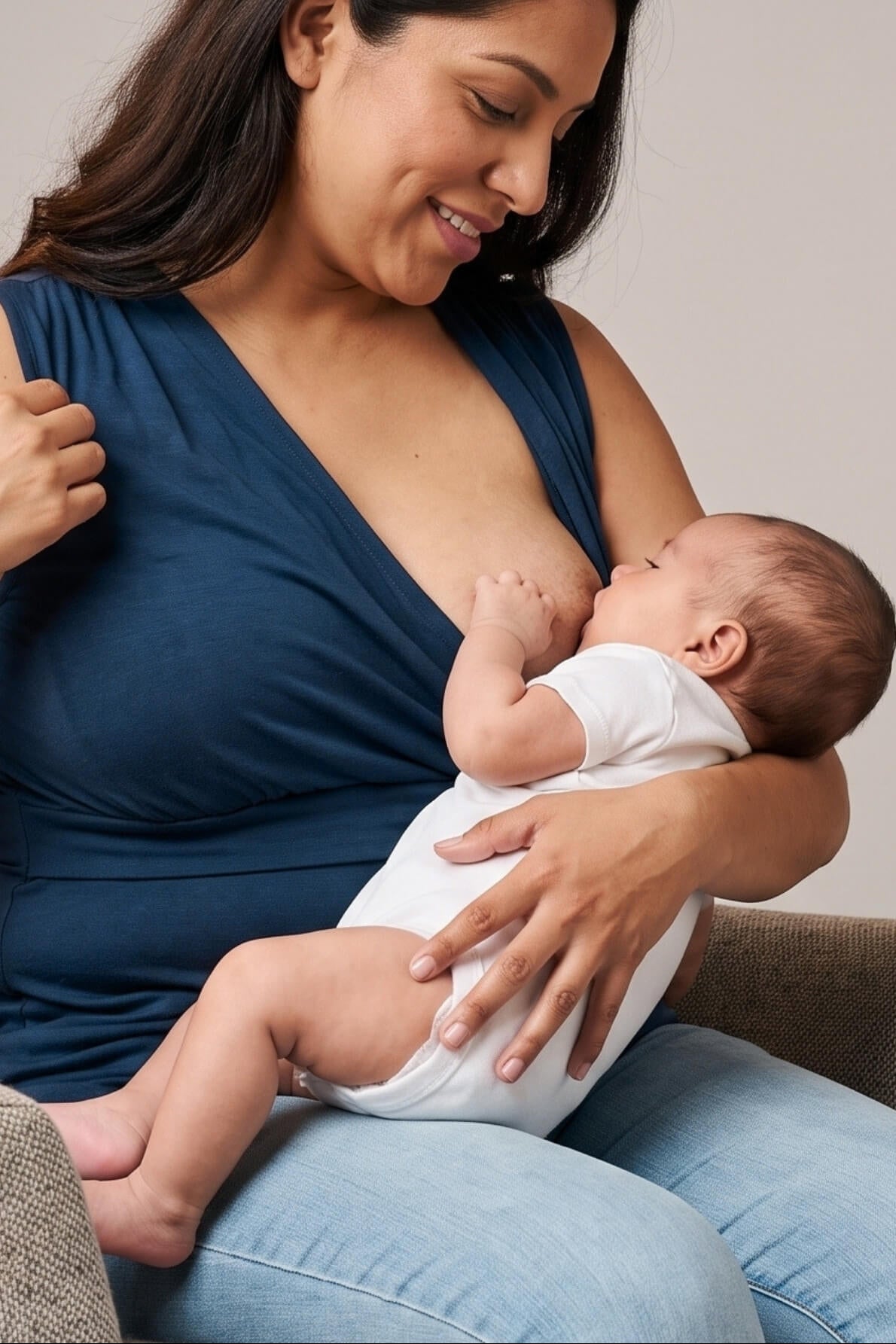 A woman in a navy blue nursing top and light blue jeans holds a baby wearing a white onesie while breastfeeding. The woman is smiling down at the baby, and they are seated on a neutral-toned couch against a plain light gray background.