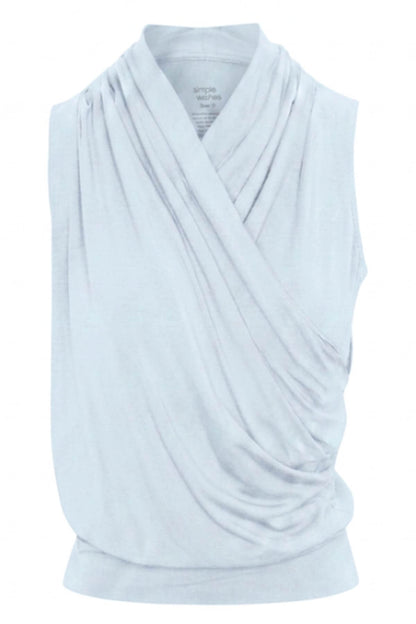 A light blue sleeveless draped wrap top with a wide collar, shown against a plain white background..