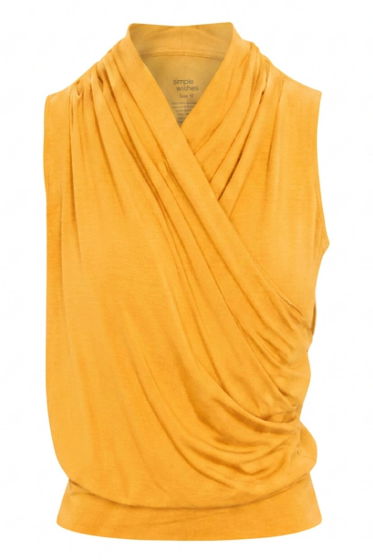 A sleeveless draped wrap-style top in a warm mustard yellow color, shown against a plain white background..
