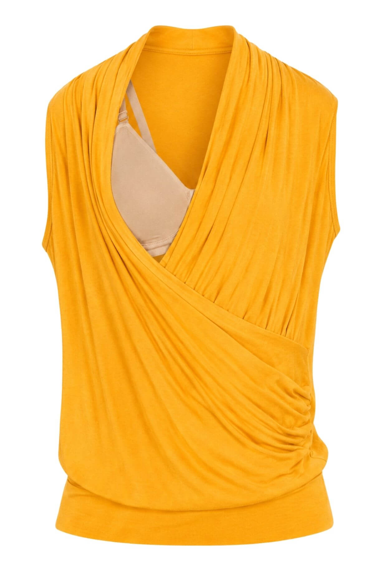A mustard yellow sleeveless draped wrap top shown on a white background, styled with a beige undergarment visible at the neckline..