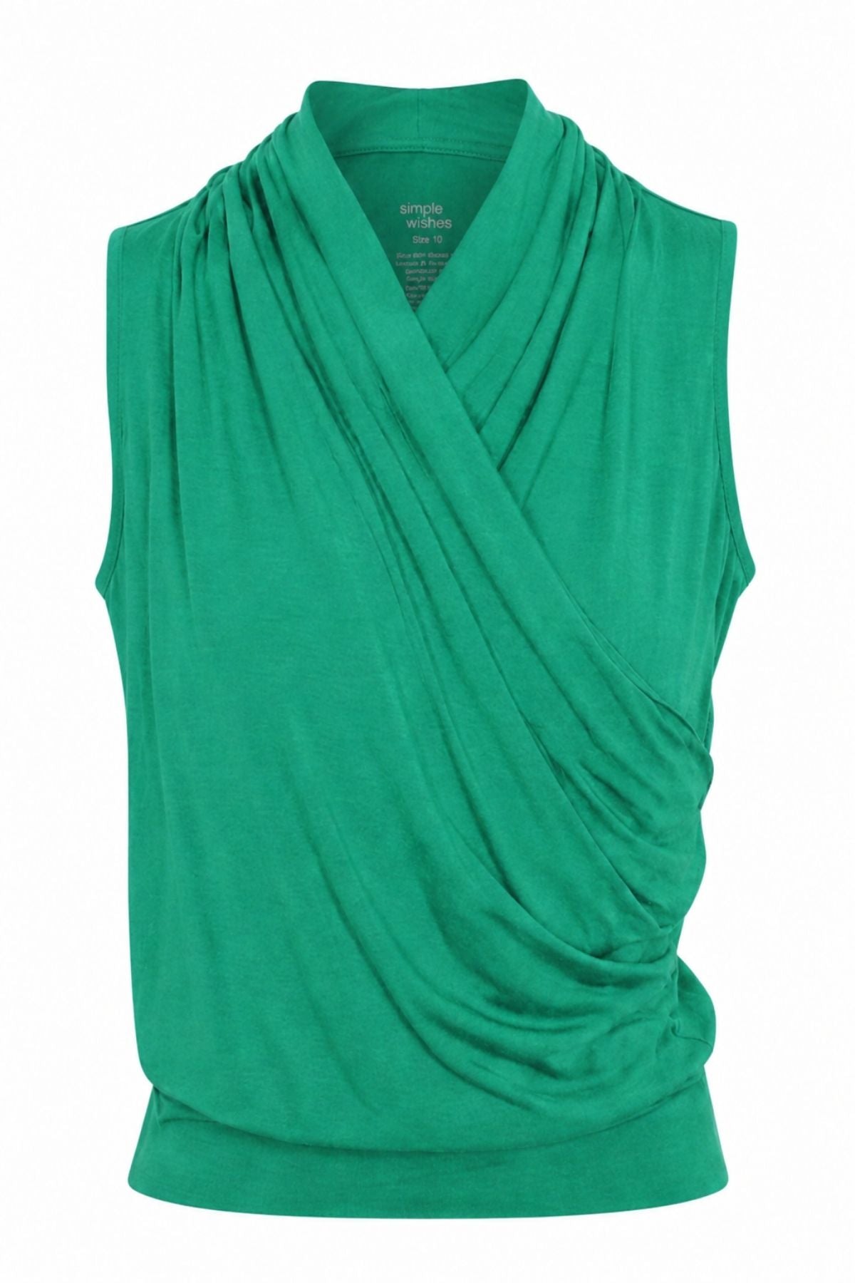 A green sleeveless draped wrap top with a wide collar and gathered front, shown on a plain white background.