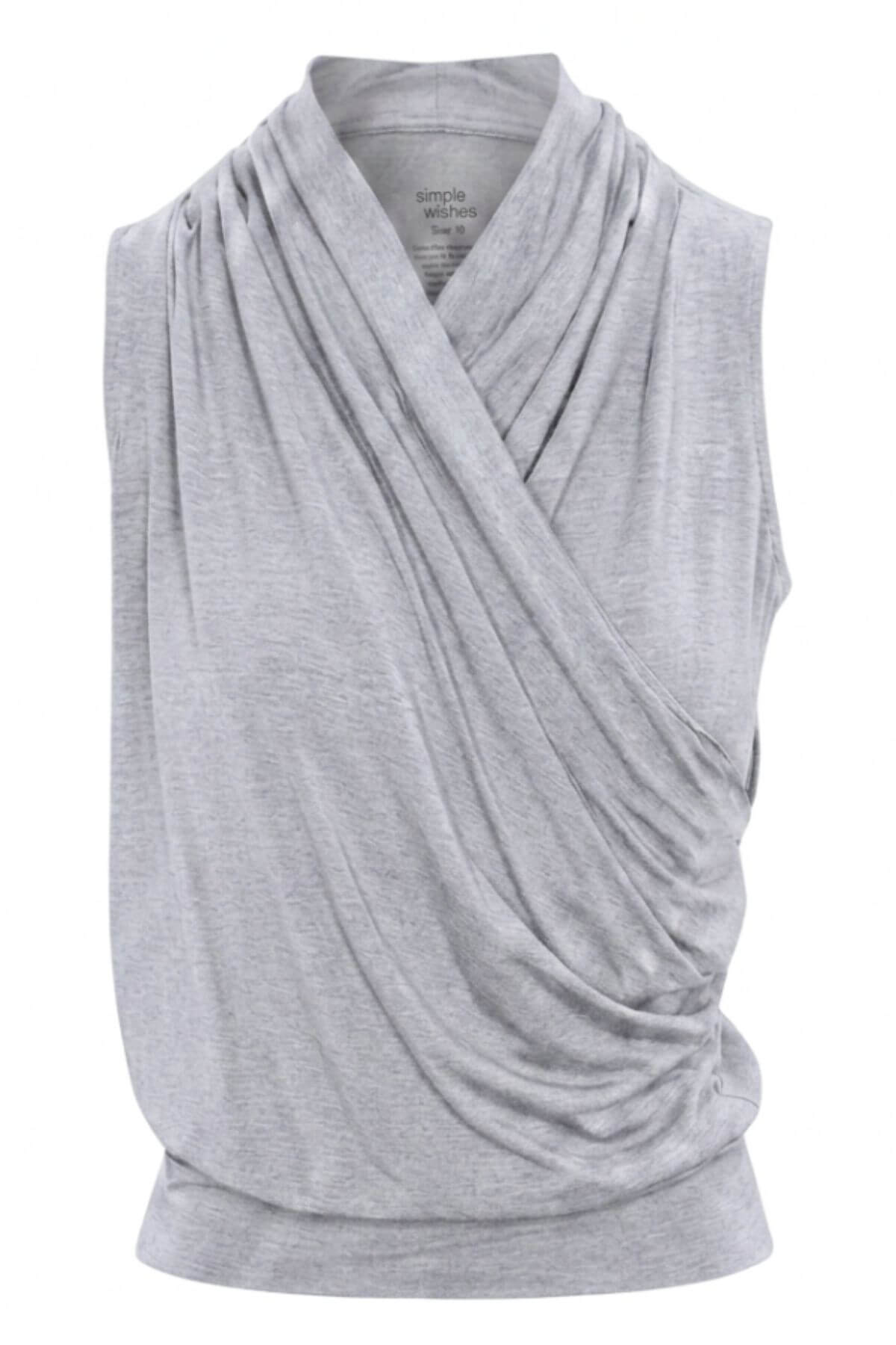 A light gray sleeveless draped top with a crossover wrap-style neckline, shown on a plain white background..