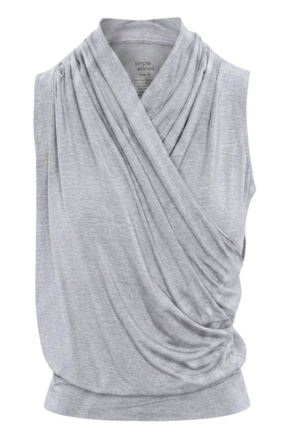A light gray sleeveless draped top with a crossover wrap-style neckline, shown on a plain white background..