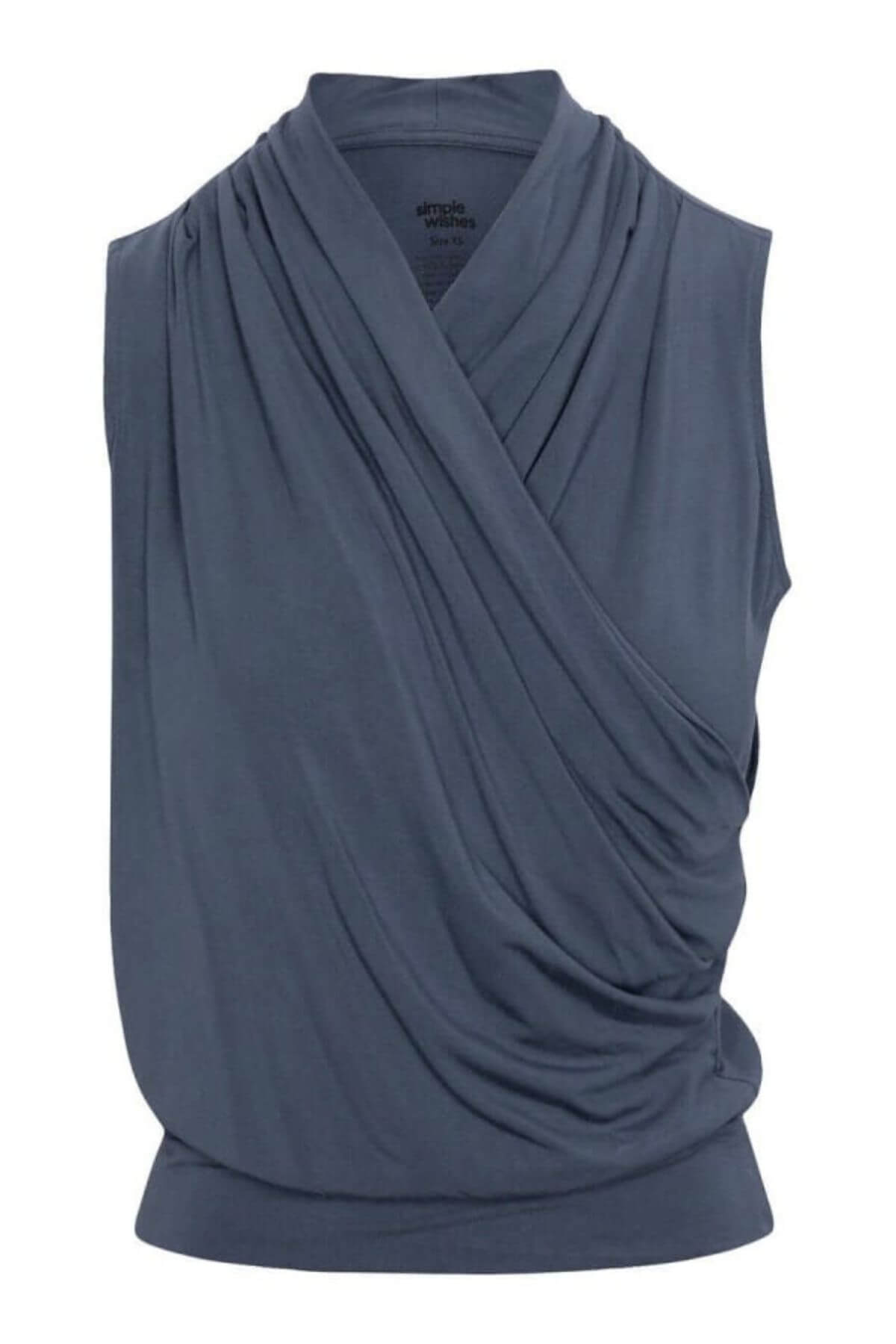 A sleeveless draped wrap top in a muted slate blue-gray color, shown against a plain white background..