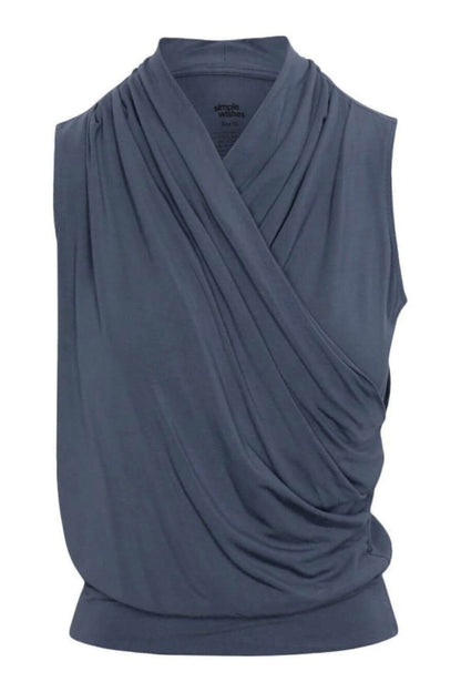 A sleeveless draped wrap top in a muted slate blue-gray color, shown against a plain white background..