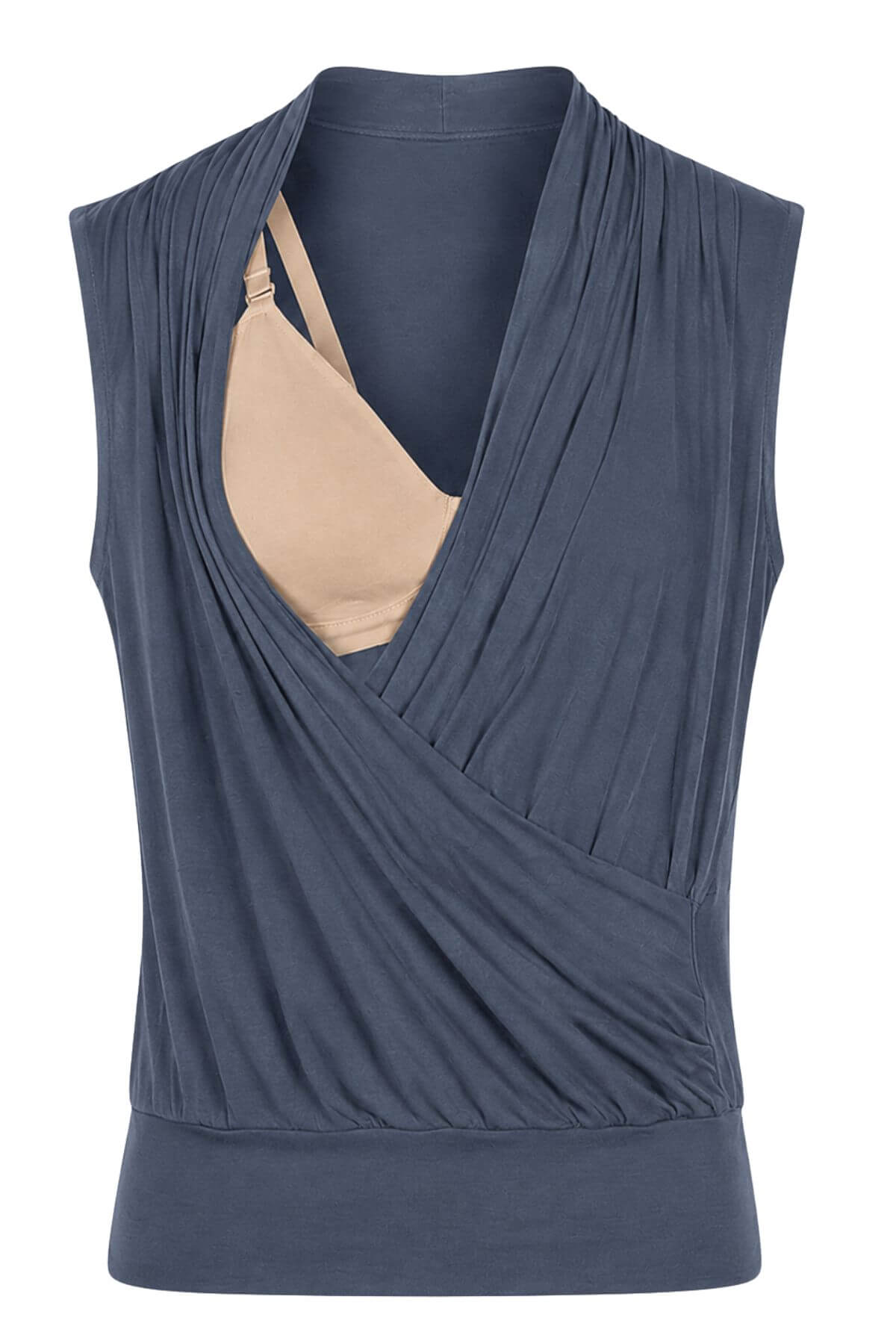 A sleeveless draped wrap-style top in slate blue, shown on a headless mannequin or torso form with a beige bra underneath, against a plain white background..