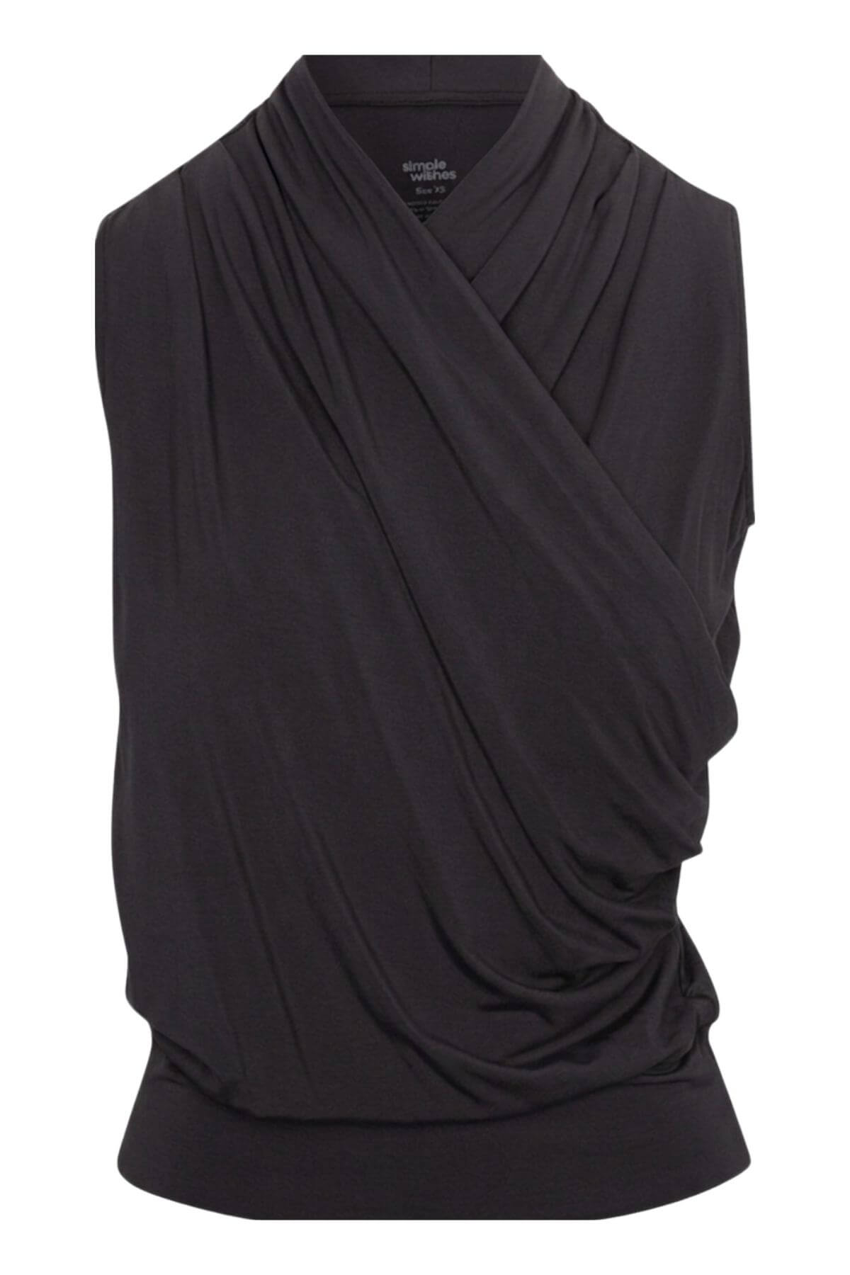 A sleeveless black draped wrap top with a wide collar, shown on a plain white background..