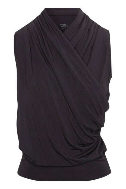 A sleeveless black draped wrap top with a wide collar, shown on a plain white background..