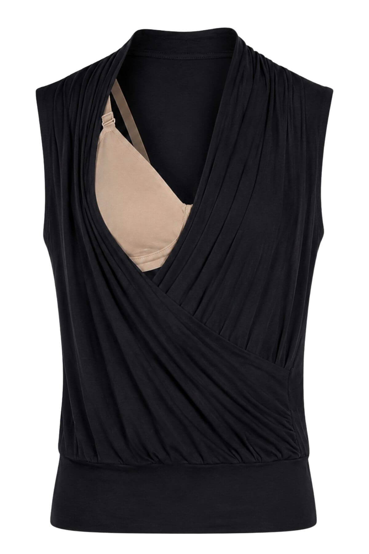 A black sleeveless wrap-style top with a draped V-neck, shown on a white background with a beige bra underneath for support..