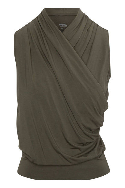 An olive green draped sleeveless top with a crossover wrap-style neckline, displayed on a clean white background..