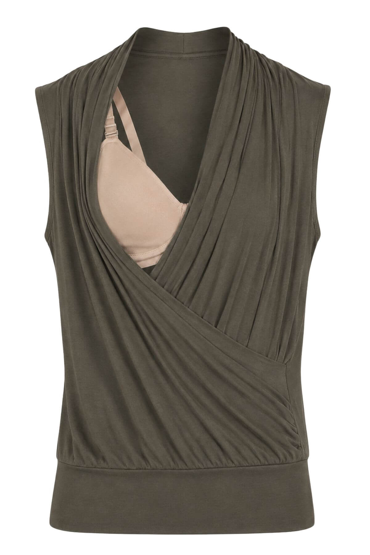 An olive green sleeveless draped wrap vest shown on a white background, styled over a beige bralette..