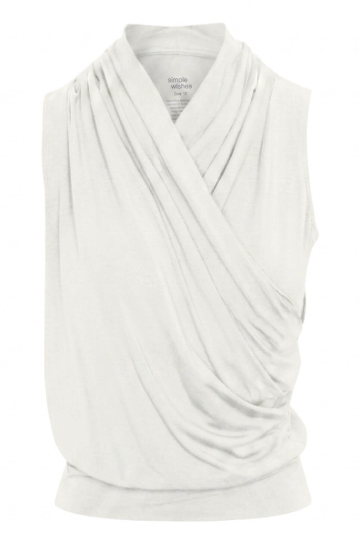 A white sleeveless draped top with a crossover wrap-style neckline, shown on a plain white background..