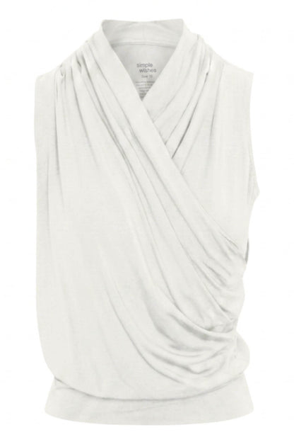 A white sleeveless draped top with a crossover wrap-style neckline, shown on a plain white background..