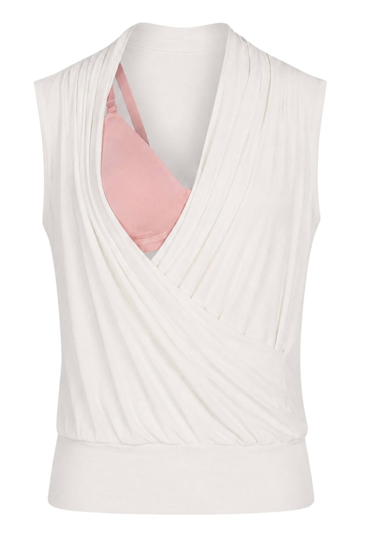 An off-white sleeveless wrap-style top with a draped front, shown on a mannequin with a light pink bra underneath, against a plain white background..