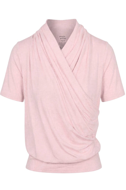 A light pink short-sleeve top with a draped, wrap-style collar, shown against a plain white background.
