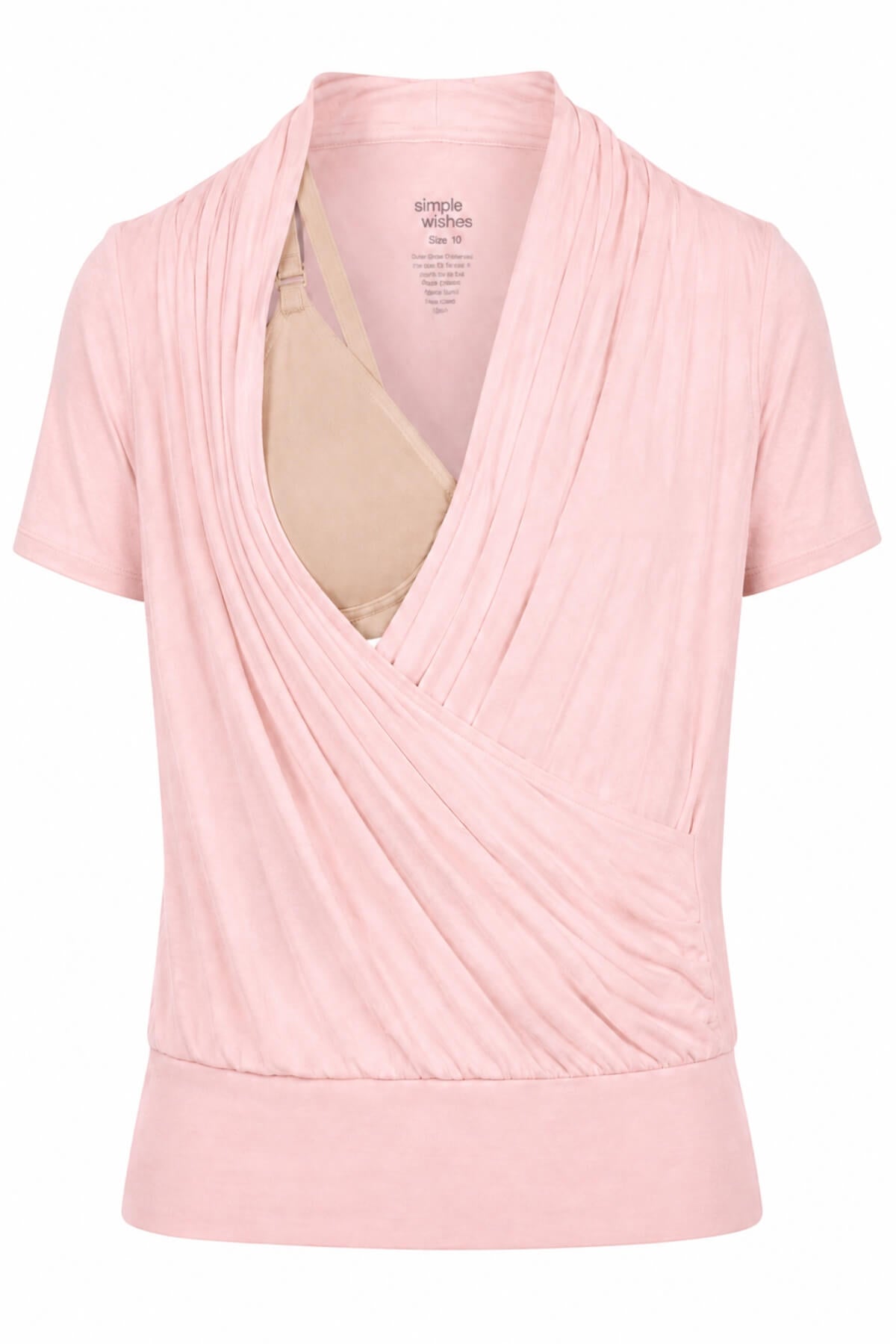 A light pink short-sleeve wrap-style top with a draped front and a beige underwire bra visible inside, shown on a white background.